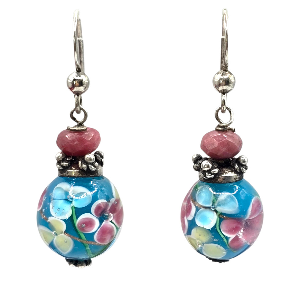 Earrings Lampwork Sterling Silver 925 Accent Dangle Floral Glass Bead Boho S2942 - Picture 2 of 6